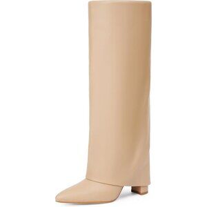 Women Nude Pu Leather Fold Over Knee High Dress Tall Chunky High Heels Long Boot